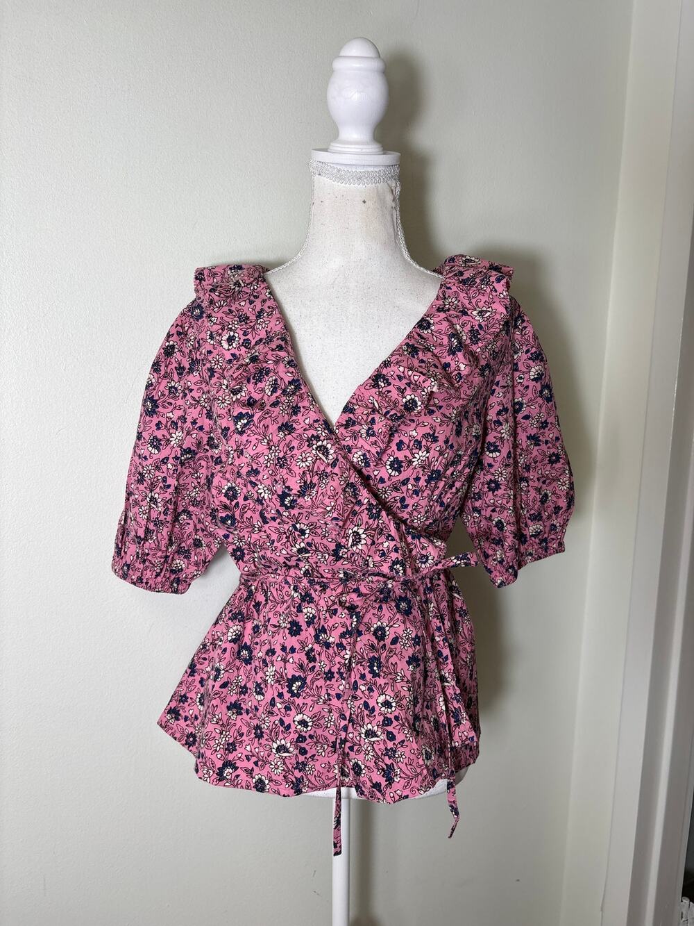 Roller Rabbit Pink Navy Half Sleeve Cotton Wrap Shirt Sz S